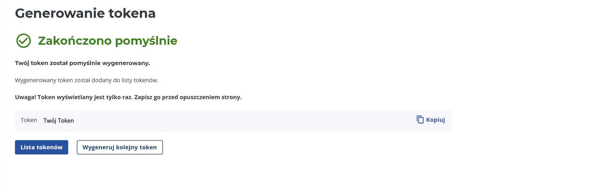 Zakończono pomyślnie — token został wygenerowany